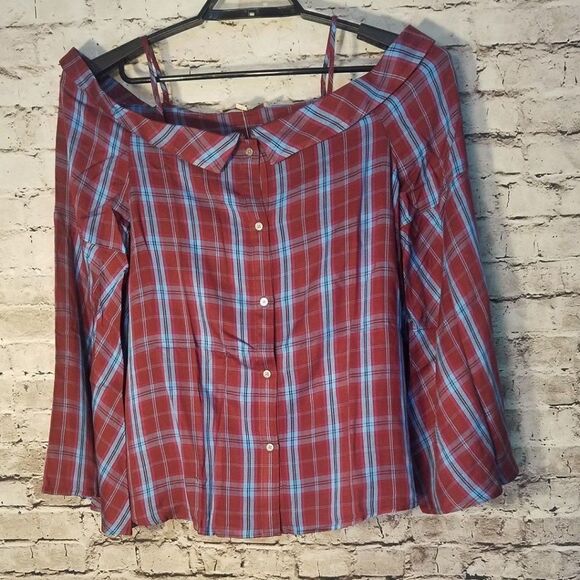 Loft Women's Shirt Cold Should Bell Sleeves Plaid - Picture 1 of 4